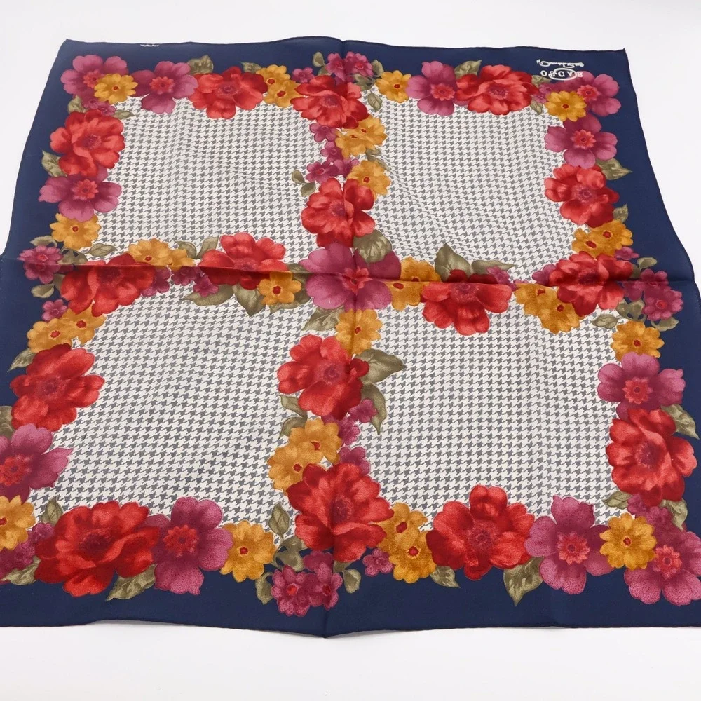 Oscar de la Renta VTG Silk Scarf Houndstooth and Floral Square 21x21